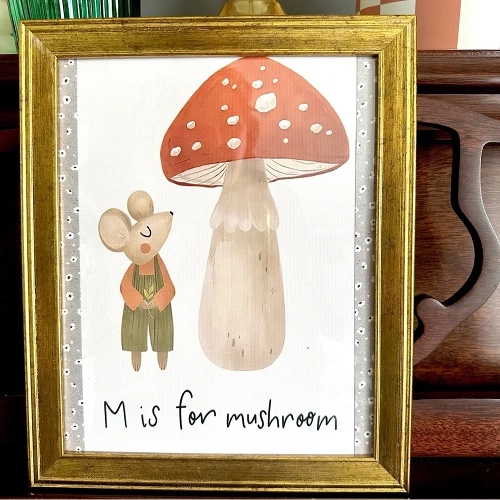 M is for Mushroom Cottagecore Mouse Woodland Canvas Art Print Gold Framed Floral